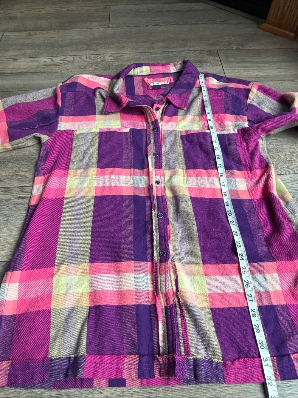 We The Free People Oversized Flannel Plaid Shirt Shacket Purple Pink Large - Picture 10 of 11